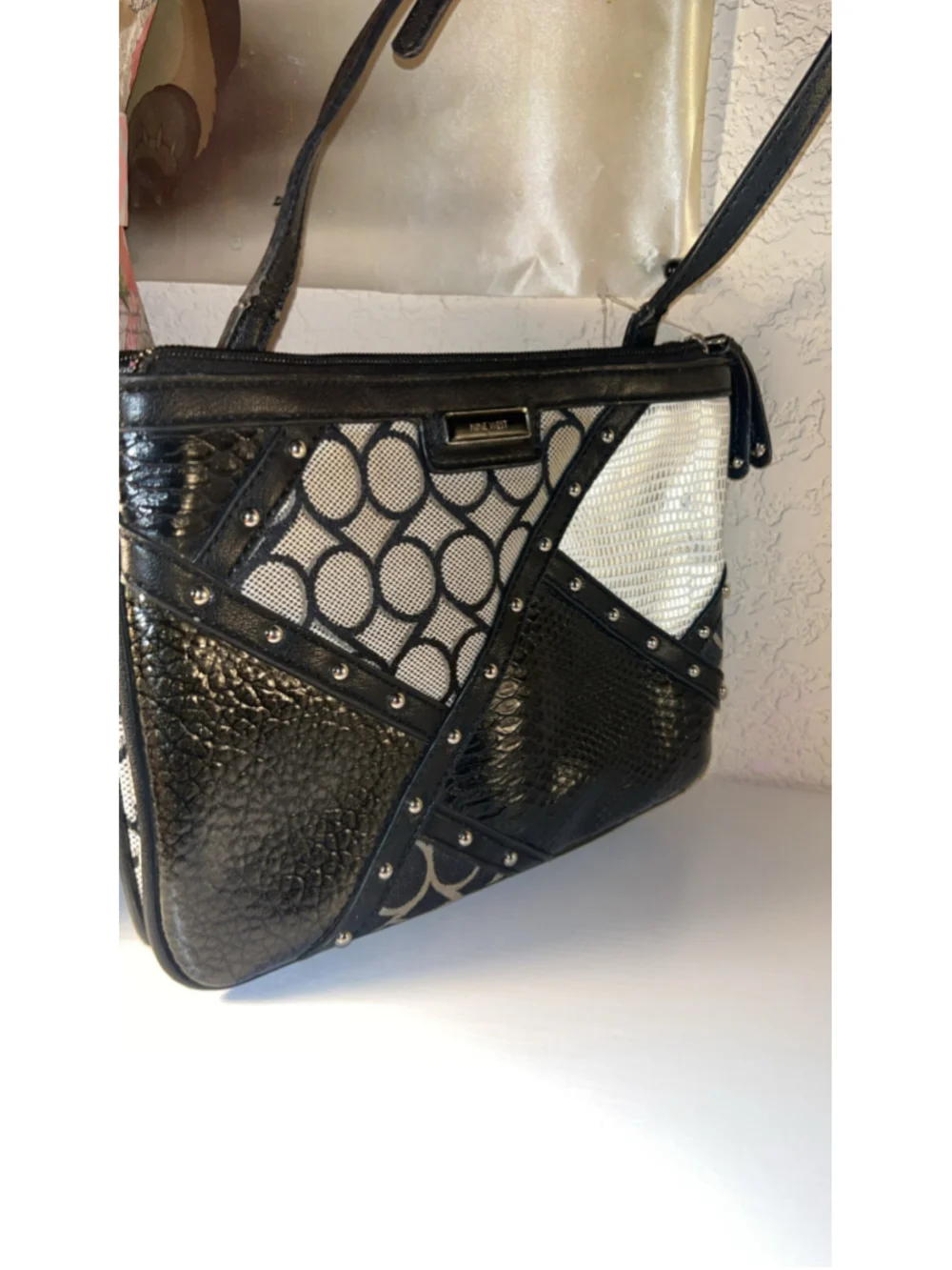 Women's Nine West Shoulder Bag One Size Black Silver Studded Patchwork